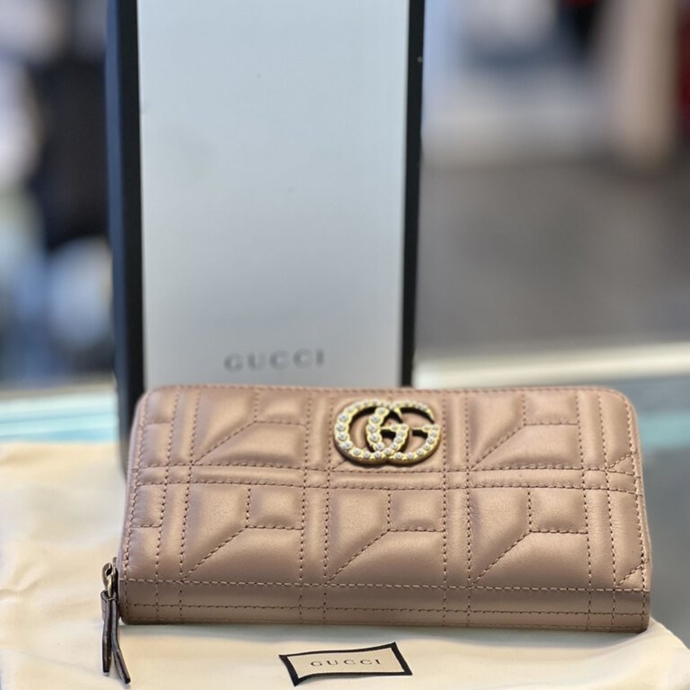 Gucci Calfskin Matelasse Pearly GG Marmont Zip Around Wallet Porcelain Rose